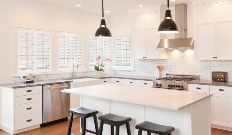 Plantation shutters in a bright Indianapolis kitchen.